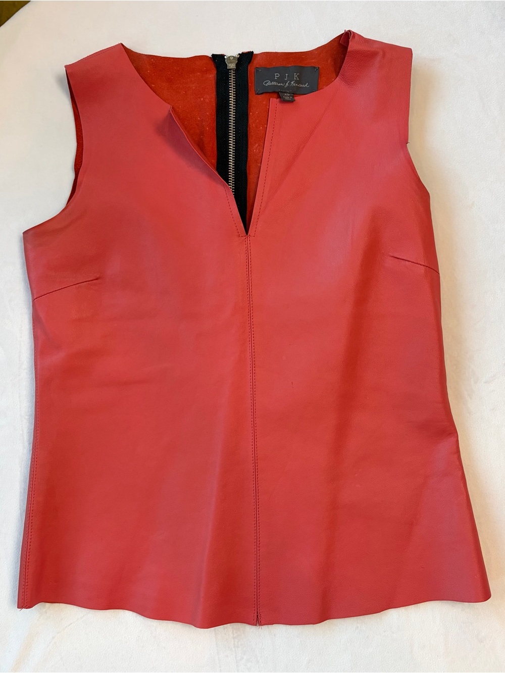PJK Patterson J. Kincaid Lambskin Leather Raw hem notch top, zip, coral, XS, GUC - Picture 2 of 14